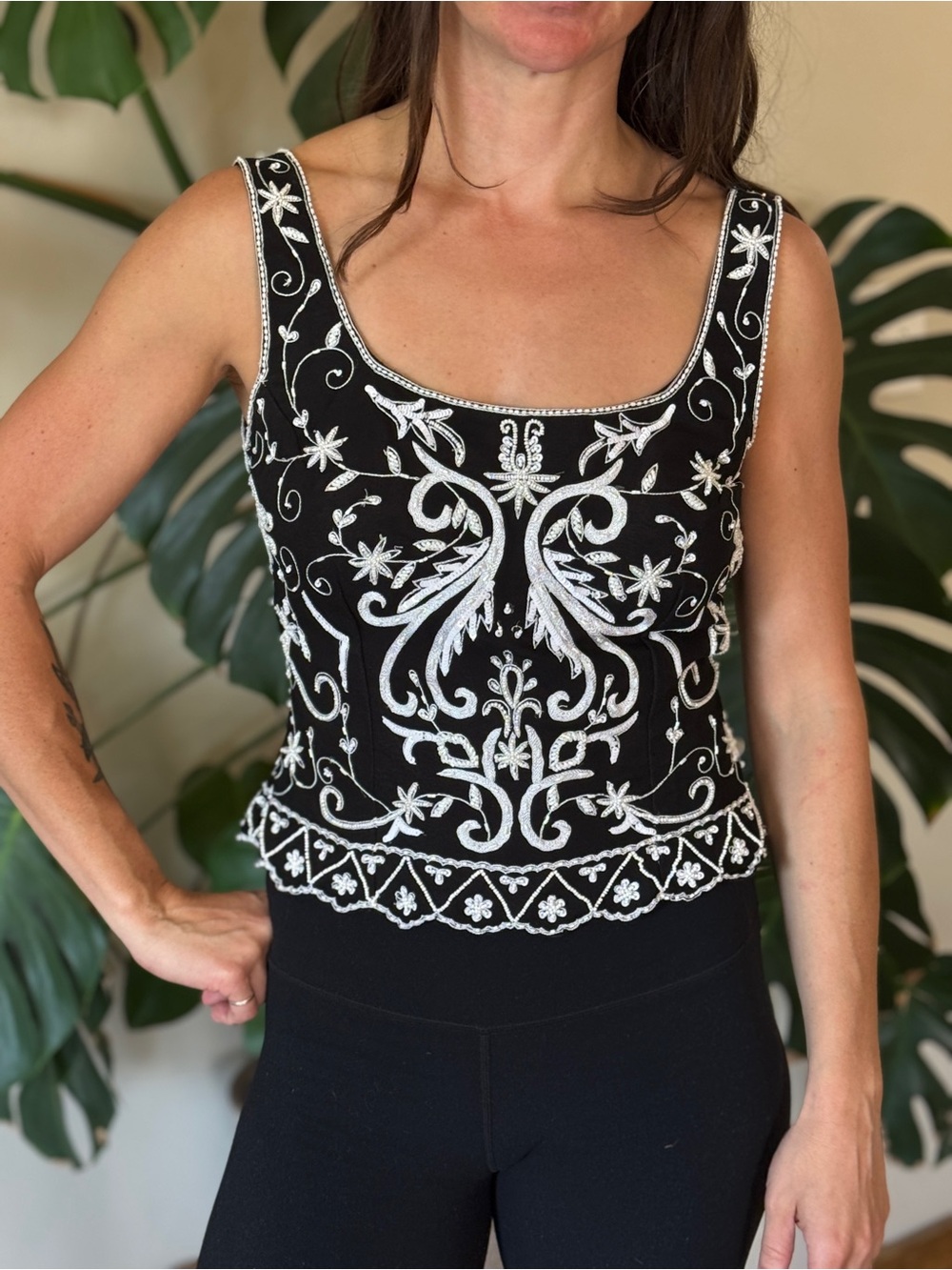 Vintage Silk Beaded Top Sz S Black Silver Sequin Embroidered Tank
